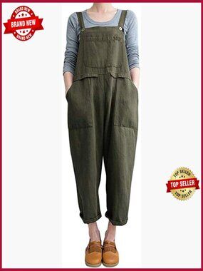 Baggy Linen Overalls Jumpsuit Loose Rompers Wide Leg Casual Pants with Pockets